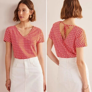 BODEN Women’s Tie Back Jersey Blouse Short Sleeve V Neck Red Cube Size 16-18
